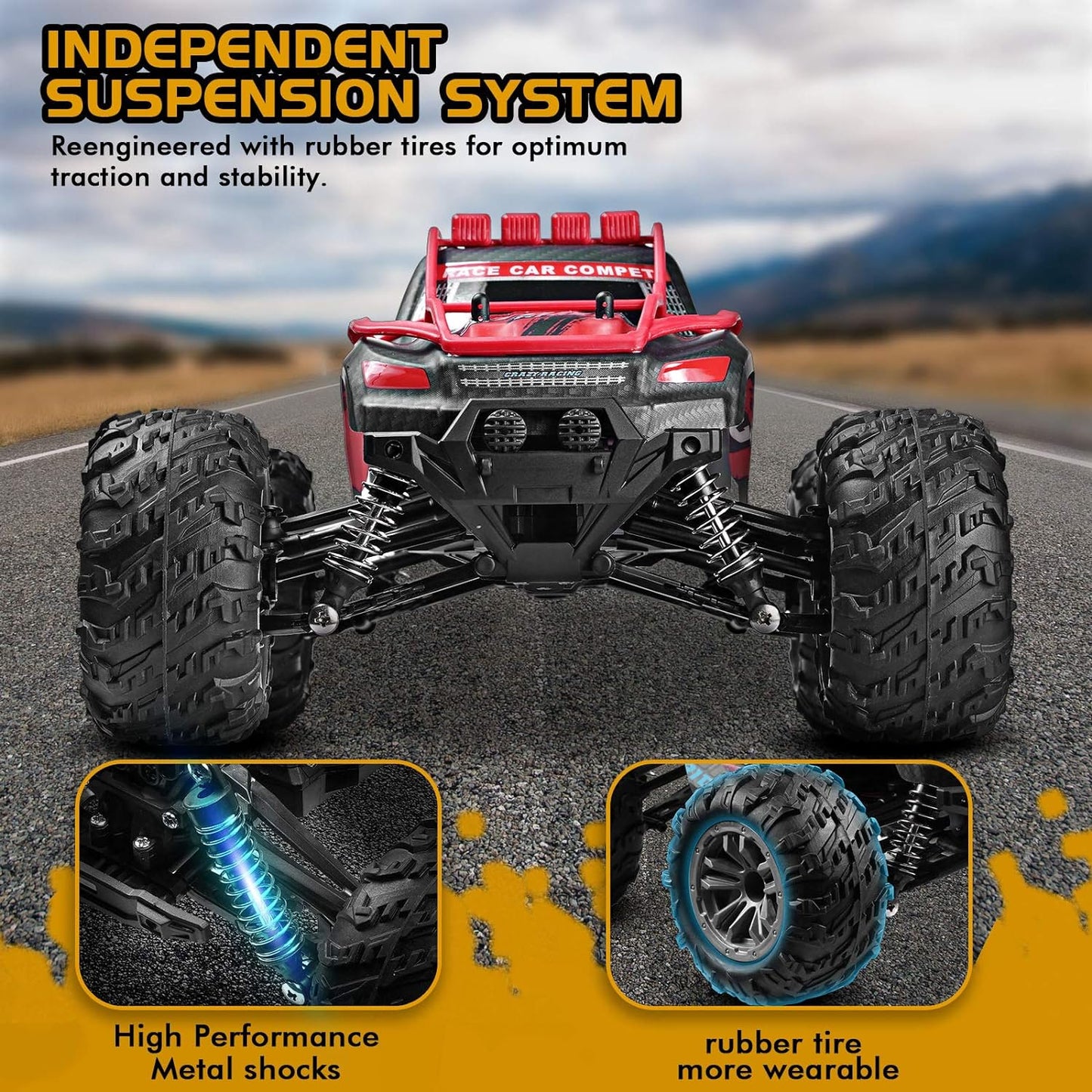 1:14 Large Scale High Speed Monster Truck Rock Crawler, Remote Control 4WD 36Km/H Off-Road RC Car Hobby Truck with 2 Rechargeable Batteries, All Terrain, Toys for Boys Kids and Adults Red