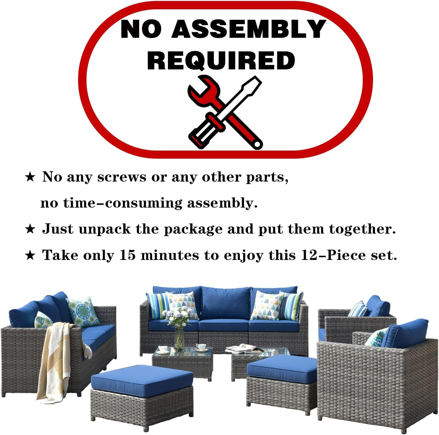 Patio Furniture Sets Outdoor Sectional Sofa 12 Pieces No Assembly Required Big Size All Weather Wicker Aluminum Conversation Set with 4 Pillows and 2 Furniture Covers,Grey Wicker Navy Blue