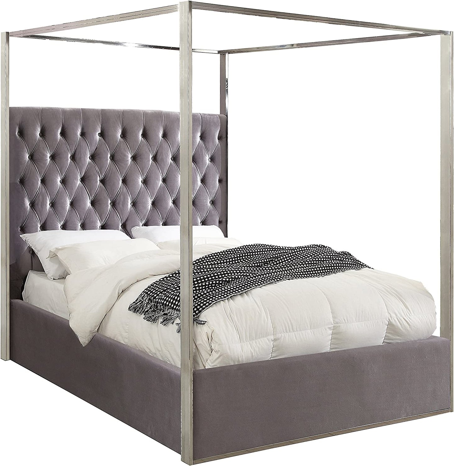 Porter Collection Modern | Contemporary Velvet Upholstered Bed with Deep Detailed Tufting and Chrome Canopy, Grey, King