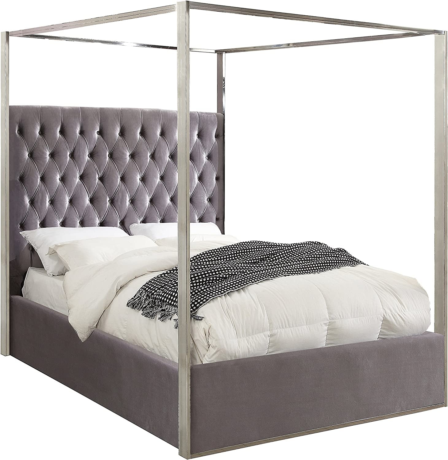 Porter Collection Modern | Contemporary Velvet Upholstered Bed with Deep Detailed Tufting and Chrome Canopy, Grey, King