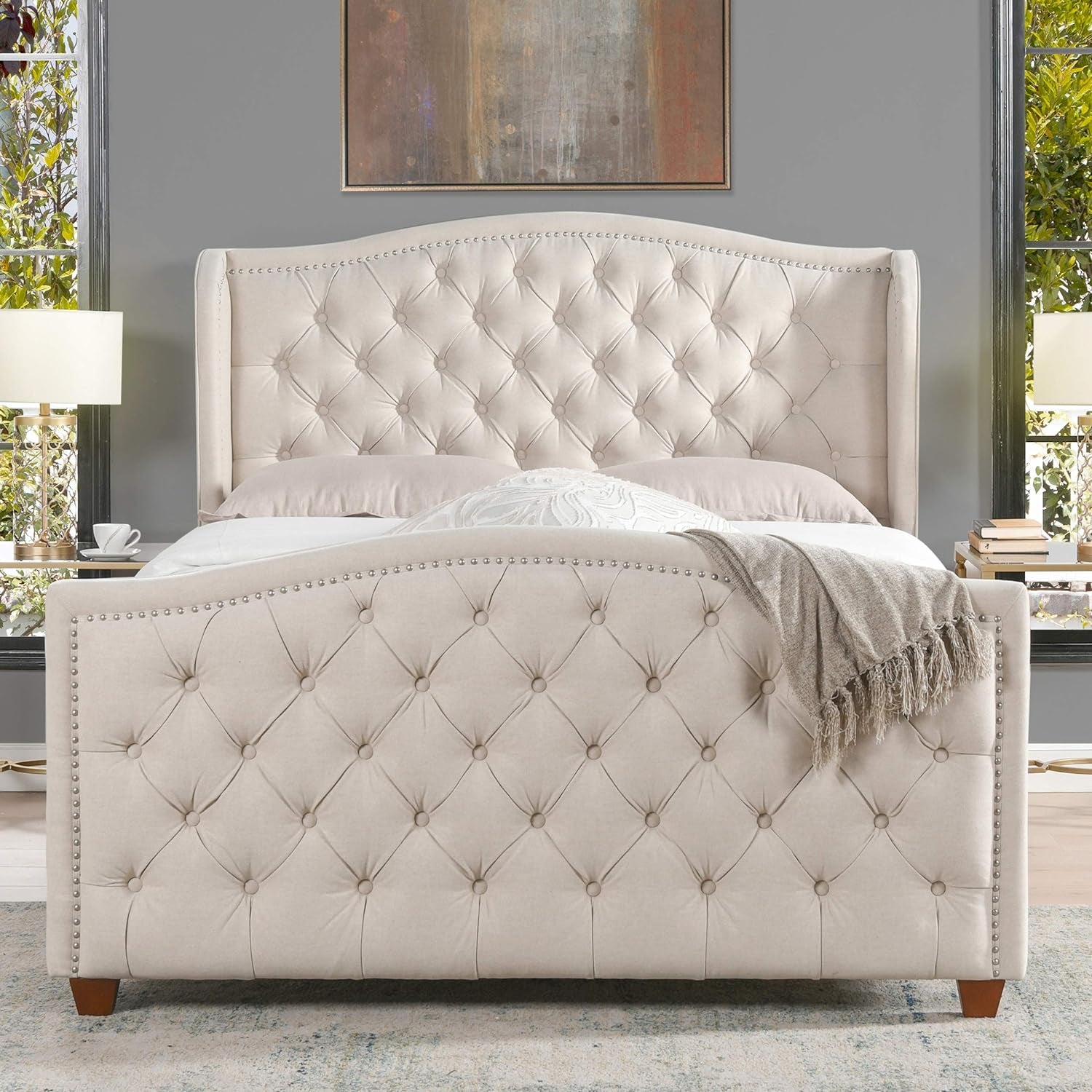 Anastasia Upholstered Shelter Headboard Bed Set, Queen, Sky Neutral Beige Polyester