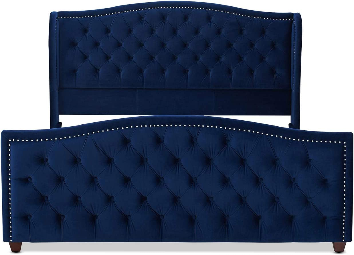 Anastasia Upholstered Shelter Headboard Bed Set, King, Navy Blue Velvet