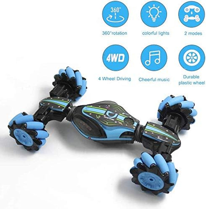 RC Stunt Car, 4WD 2.4Ghz Remote Control Car, Deformable All-Terrain off Road Car, 360 Degree Flips Double Sided Rotating Race Car with Gesture Sensor Watch Lights Music for Kids (Blue)