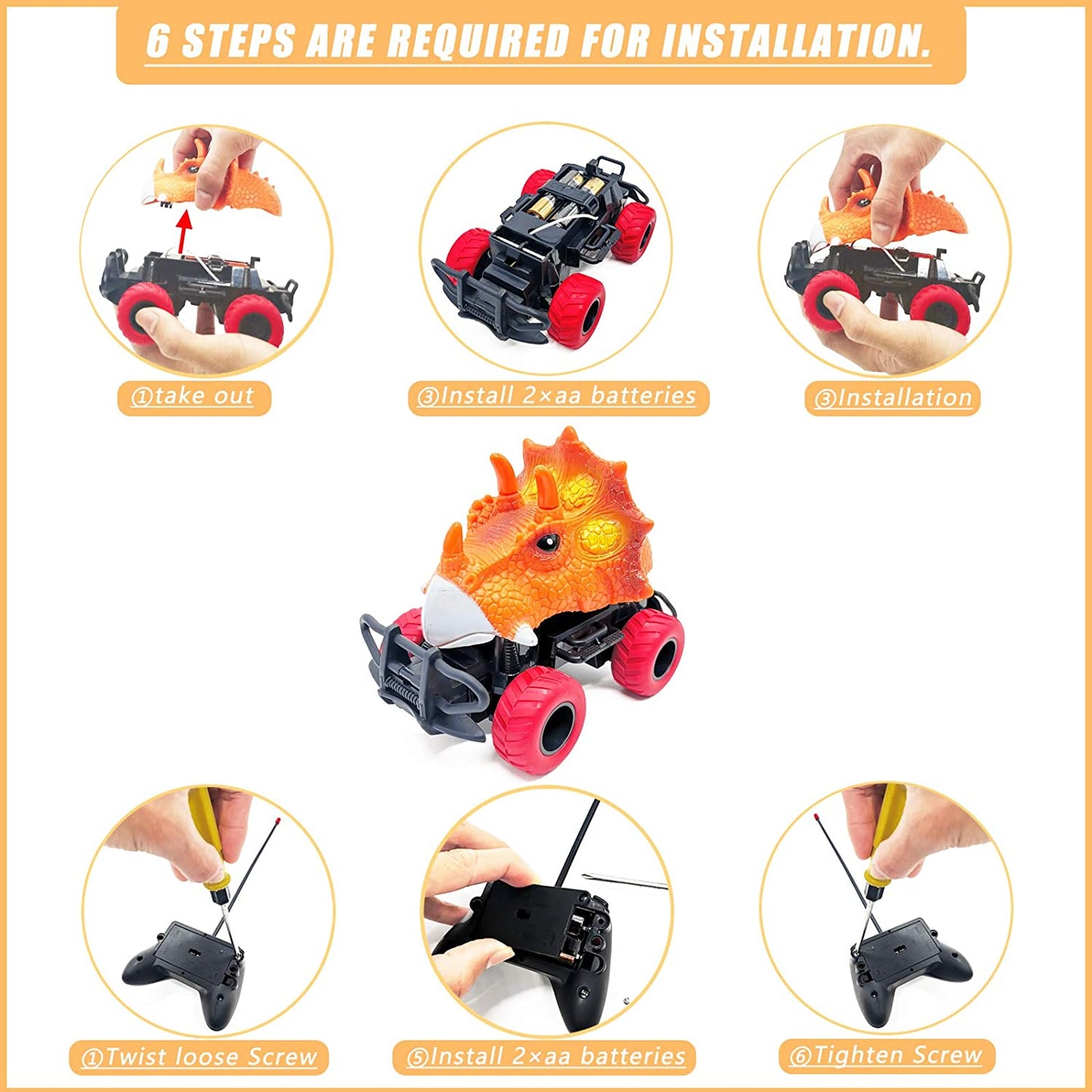 Dinosaur Toy RC Cars 1:34 Scale, Dinosaur Toys for Kids 3-5, Remote Control Car Toys for 3-7 Year Old Boys, Christmas Birthday Gifts for Kids 3,4,5,6,7 Year Old Boys Girls (Orange)