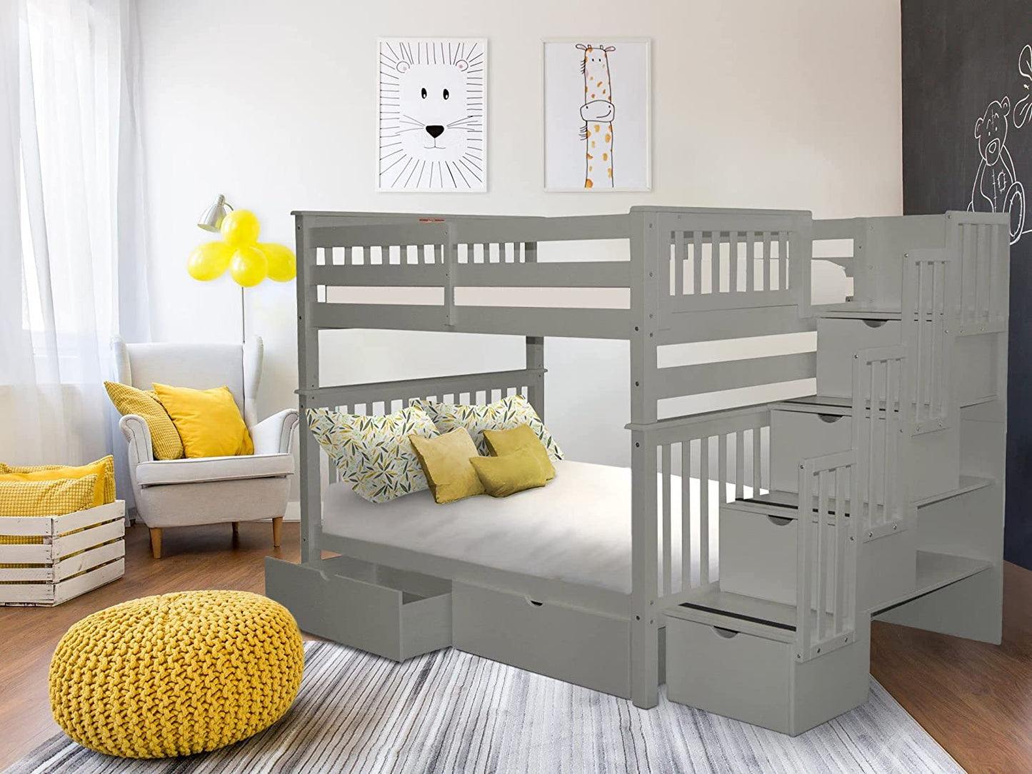 Stairway Bunk Beds Full over Full with 4 Drawers in the Steps and 2 under Bed Drawers, Gray