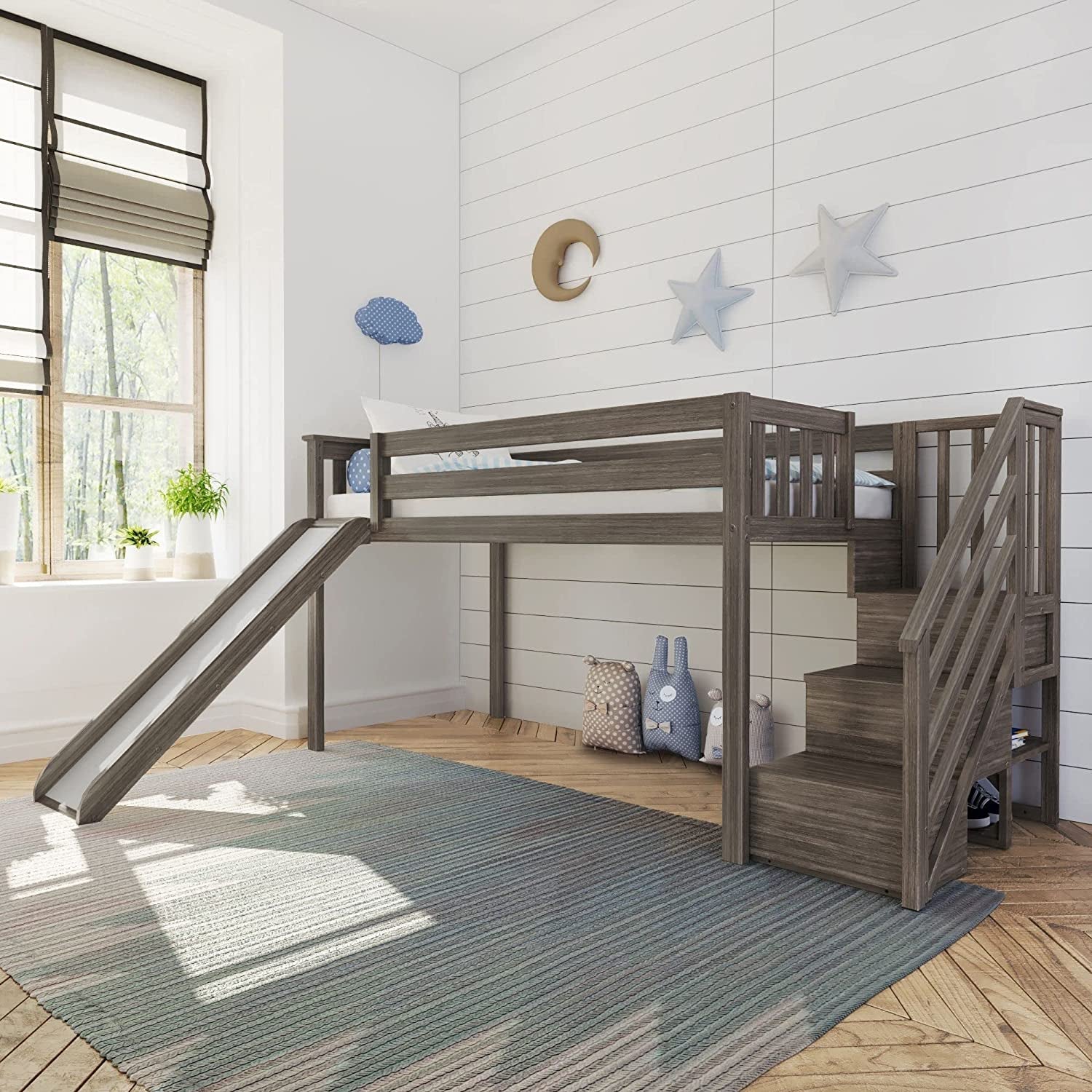 Low Loft Bed, Twin Bed Frame for Kids with Stairs and Slide, Clay