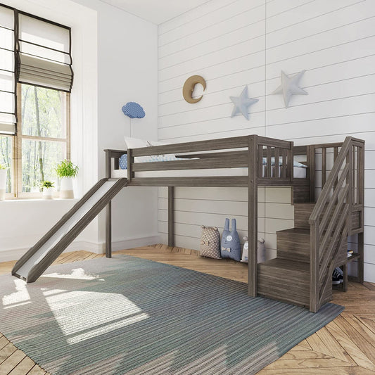 Low Loft Bed, Twin Bed Frame for Kids with Stairs and Slide, Clay