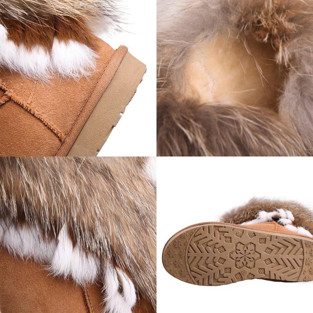 Womens Mid Calf Boots Cow Leather Fur Snow Boots