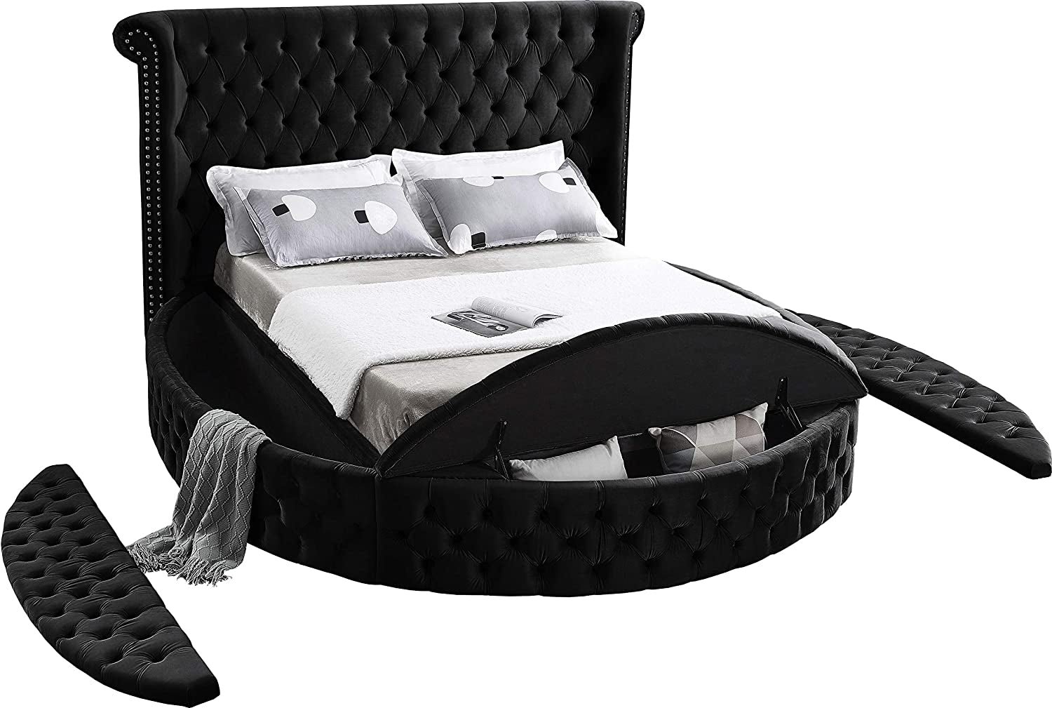 Luxus Collection Modern | Contemporary round Shaped Velvet Upholstered Bed with Deep Button Tufting and Footboard Storage, King, Black