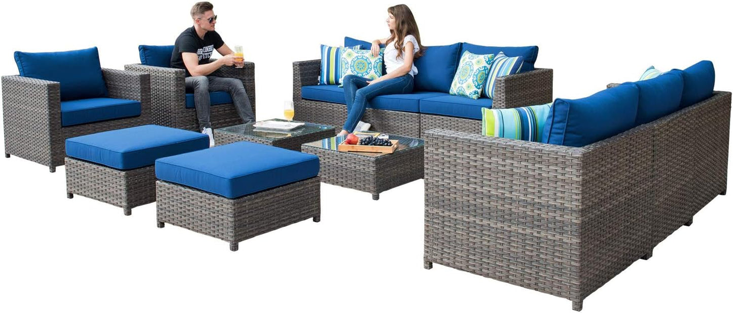 Patio Furniture Sets Outdoor Sectional Sofa 12 Pieces No Assembly Required Big Size All Weather Wicker Aluminum Conversation Set with 4 Pillows and 2 Furniture Covers,Grey Wicker Navy Blue