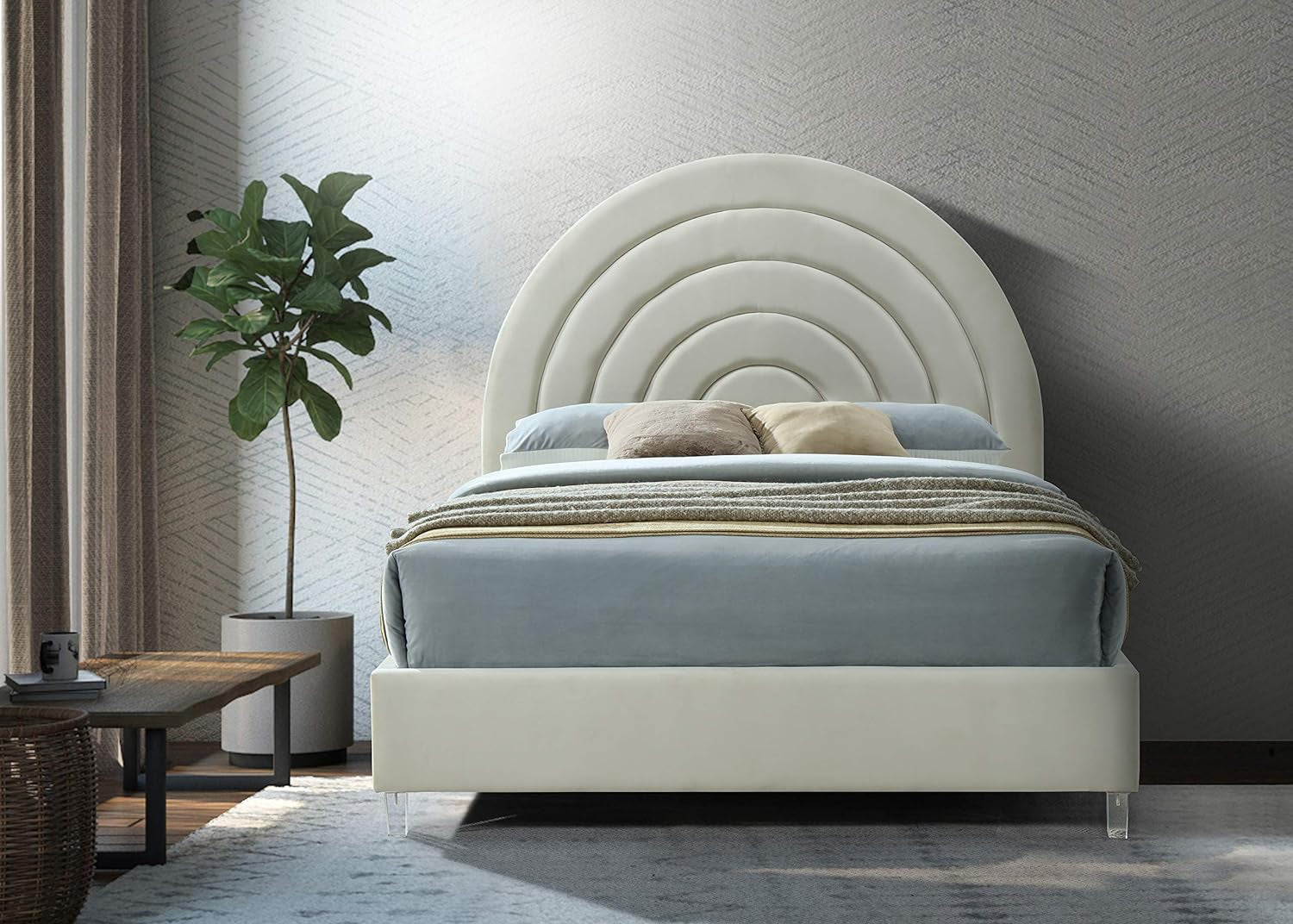 Rainbowcream-Q Rainbow Collection Modern | Contemporary Velvet Upholstered Bed with Deep Channel Tufting and Thick Acrylic Legs, Queen, Cream