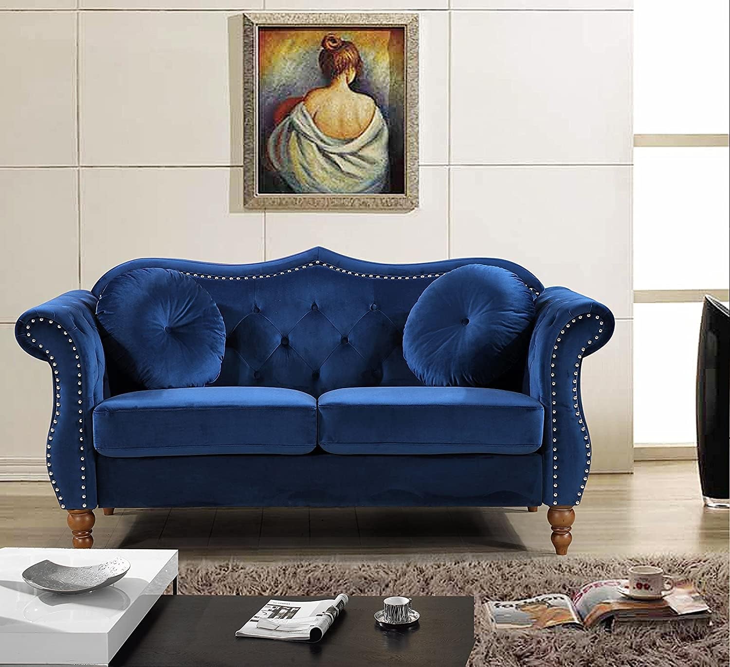 Anna1 Classic Nailhead Chesterfield Velvet Couch, Sofa & Loveseat, Blue