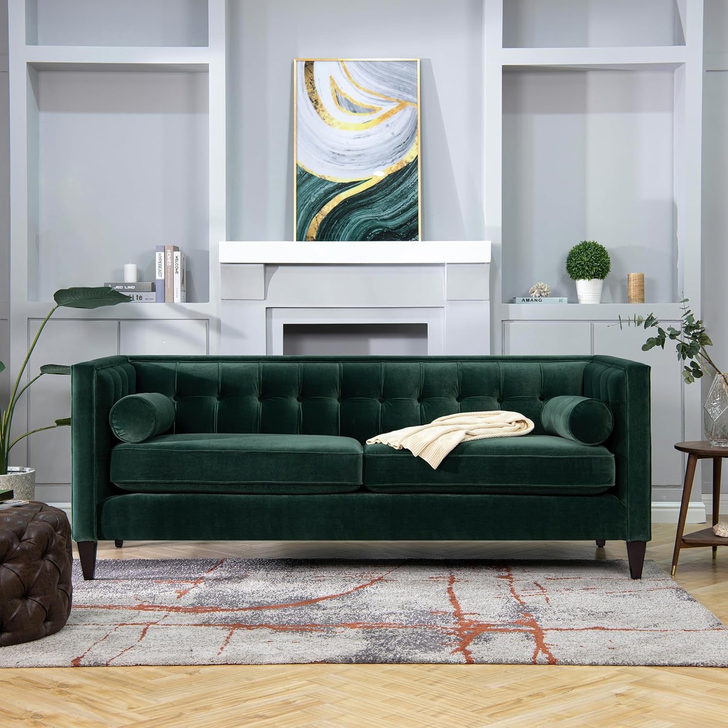 Jack 84" Modern Tuxedo Tufted Sofa, Hunter Green Performance Velvet