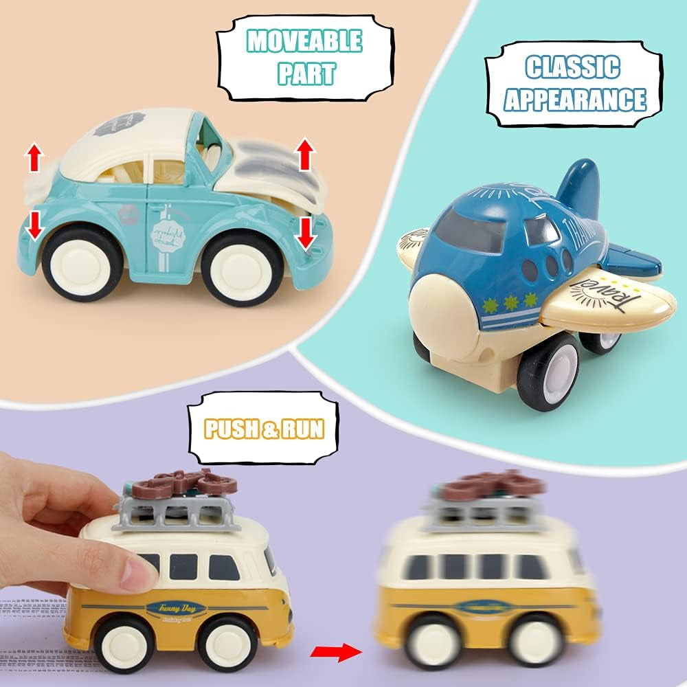 Diecast Car Toy,Push & Go Vehicle Toy,4 PCS Friction Powered W/Moveable Body Part Classic Car Toy,Include Plant,Bus,Wagon and Car for Boys and Girls (Style A)…