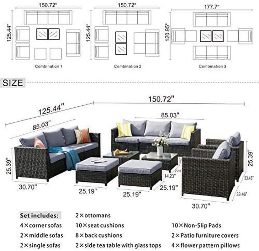 Patio Furniture Set 12 Pieces Outdoor Conversation Set All Weather Wicker Rattan Sectional Sofa Sets with Thick Cushions Fully Assembled Furniture, Big Size, Grey Wicker, Grey