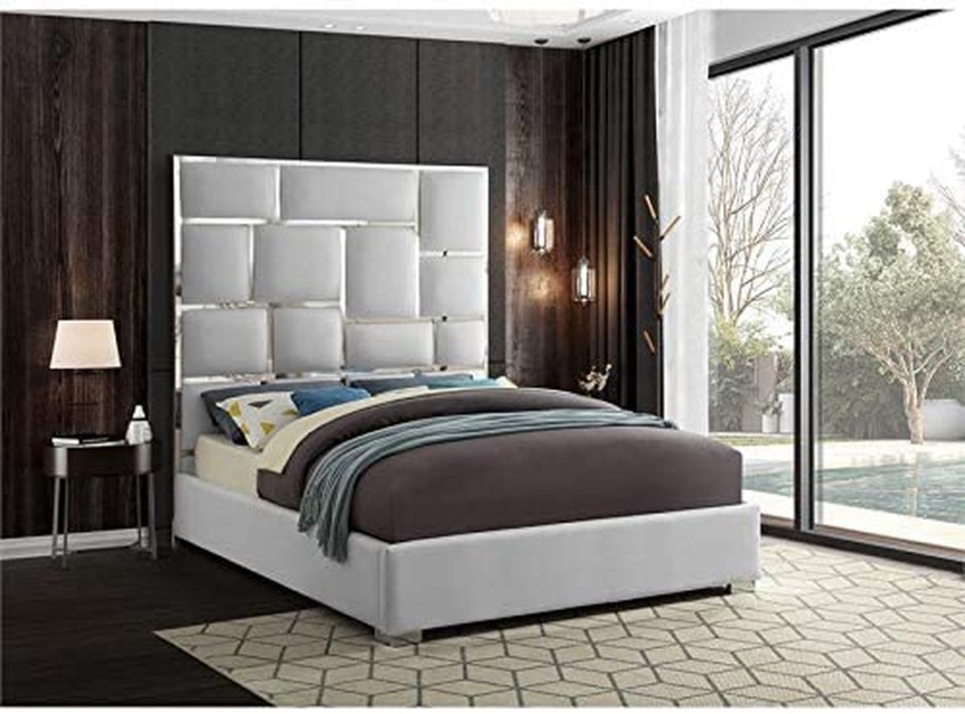 Milan Collection Modern | Contemporary Faux Leather Upholstered Bed with Custom Chrome Metal Legs and Geometric Designed Headboard, Queen, White