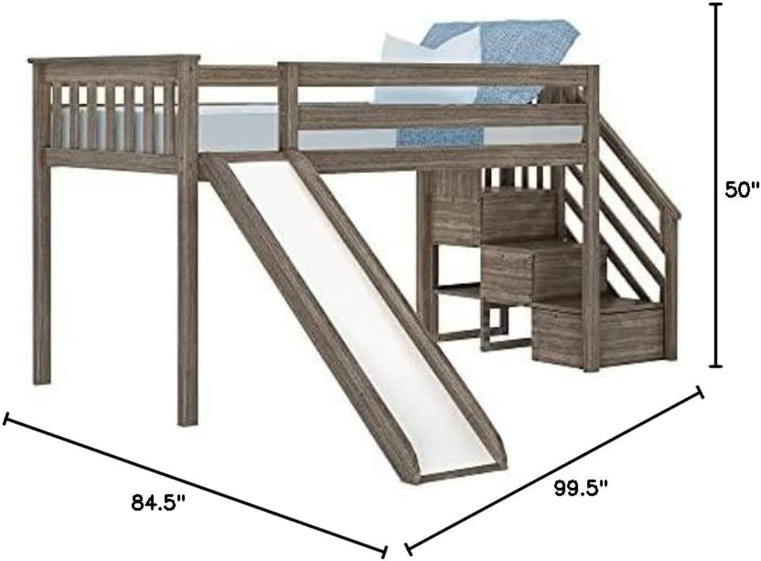 Low Loft Bed, Twin Bed Frame for Kids with Stairs and Slide, Clay