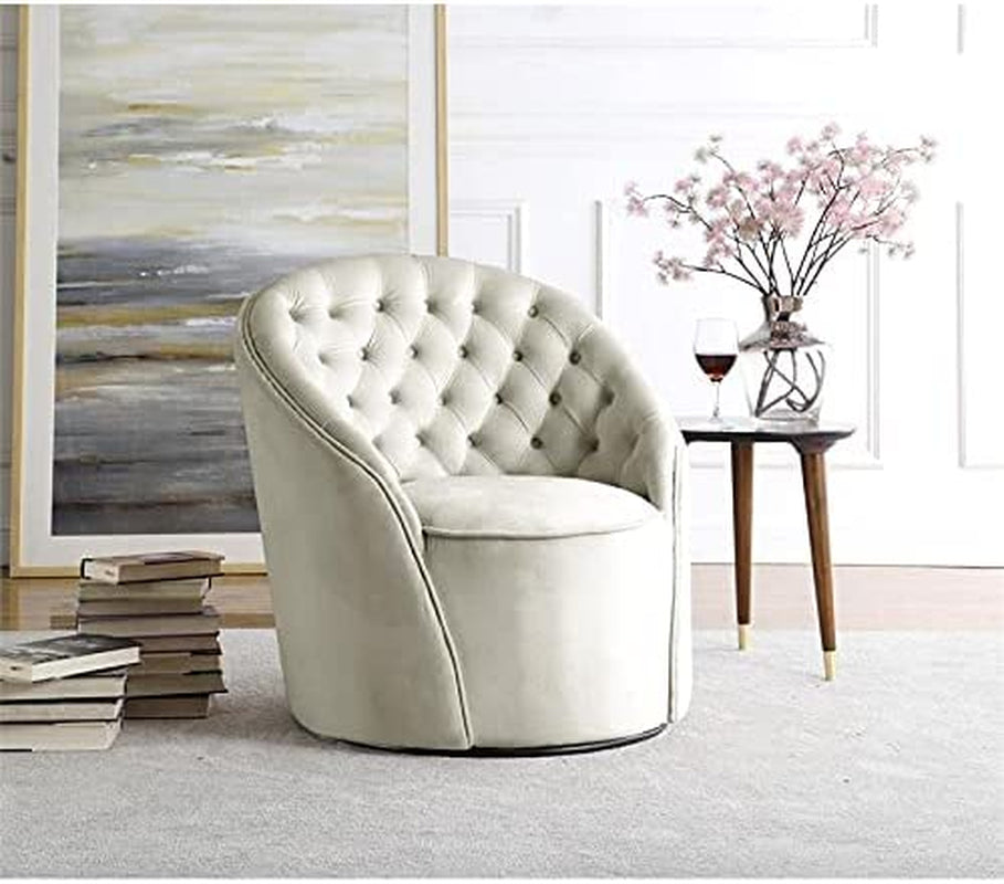 Alessio Collection Modern | Contemporary Velvet Upholstered Swivel Base Accent Chair with Deep Button Tufting and Rounded Design, 30" W X 28.5" D X 32" H, Cream