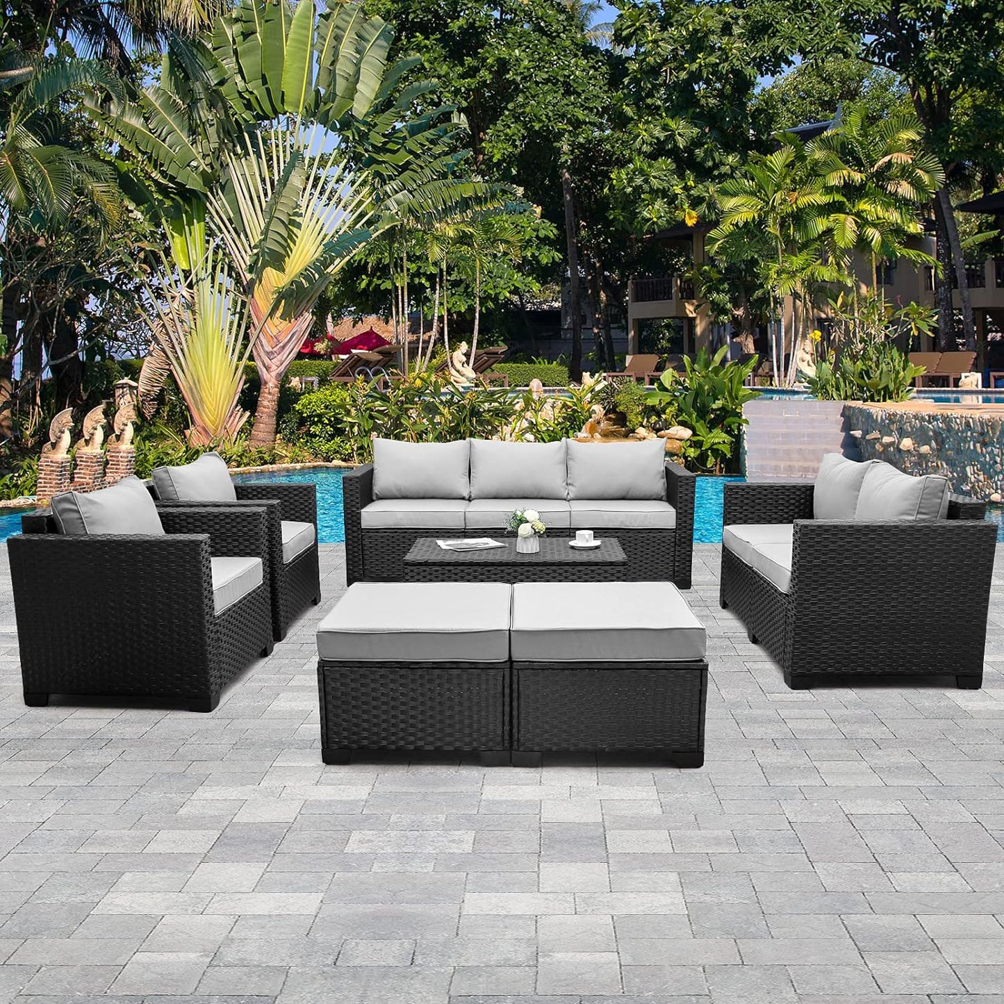 Patio Furniture Sets 7 Pieces Outdoor Furniture Sectional Patio Couches Set Storage Table No-Slip Grey Cushions and Waterproof Covers