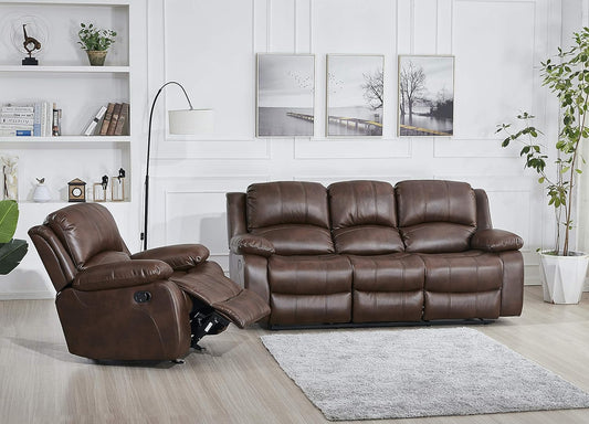 Bonded Leather Recliner Set Living Room Set, Sofa, Loveseat, Chair 8018 (Brown, Living Room Set 3+1)