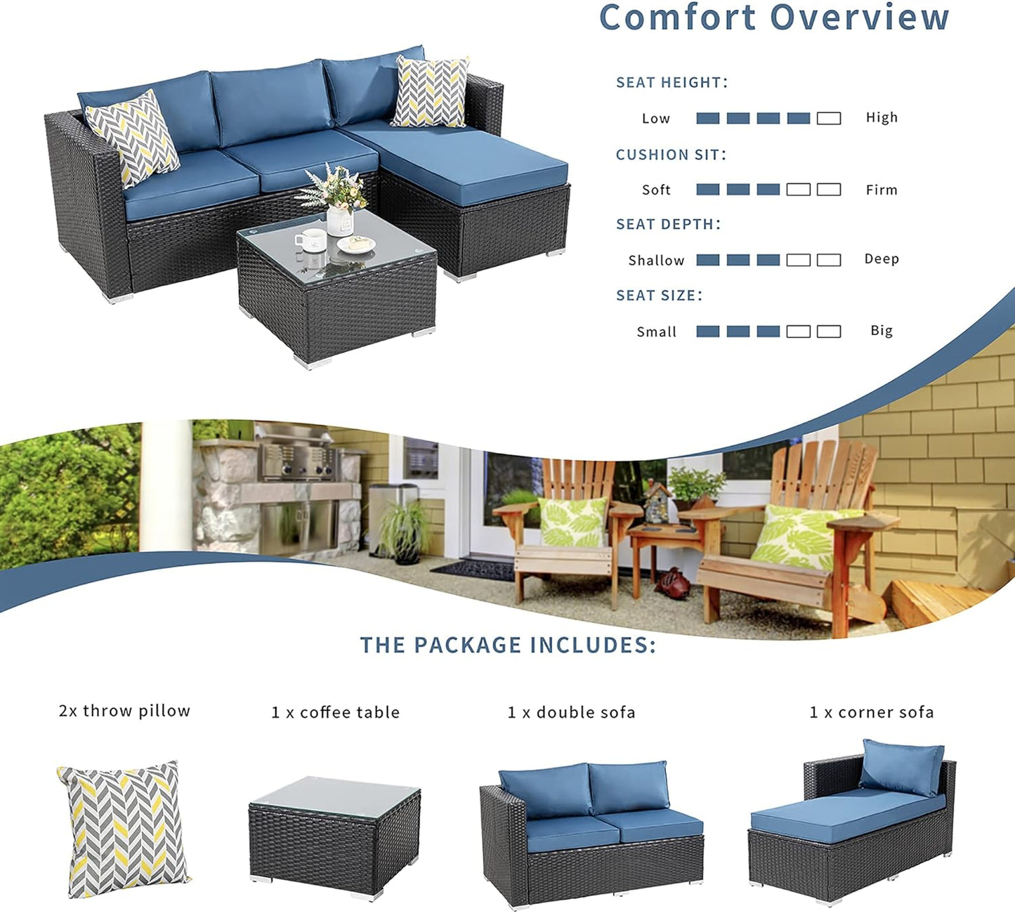 Patio Furniture Sets 3 Pieces Outdoor Sectional Sofa Black All-Weather Rattan Wicker Sofa Small Patio Conversation Couch with Washable Cushion and Glass Table(Aegean Blue)