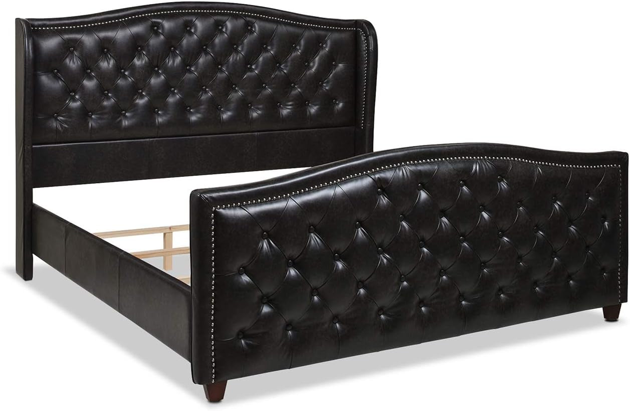 Anastasia Upholstered Shelter Headboard Bed Set, King, Vintage Black Brown Faux Leather