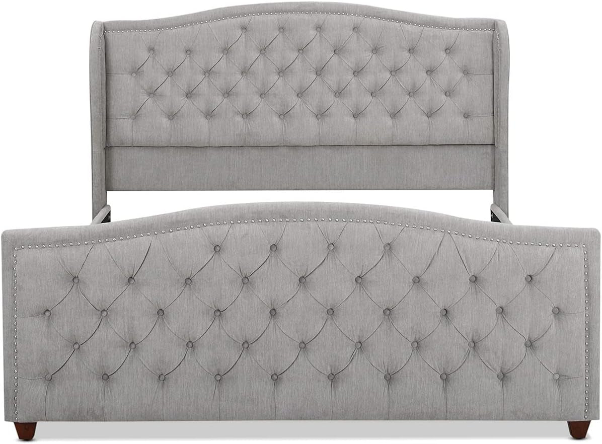 Anastasia Upholstered Shelter Headboard Bed Set, King, Silver Grey Polyester