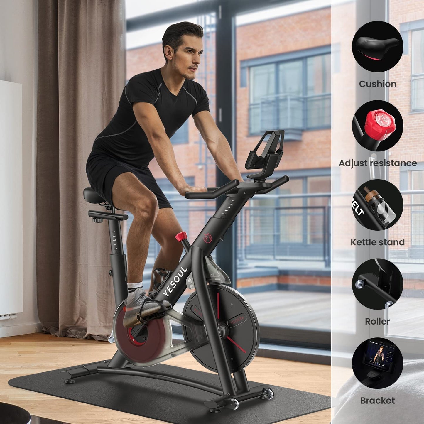 S3 Exercise Bike for Home Smart Black Cycling Bike Magnetic Resistance for Gym Electric Stationary Bike Bluetooth Heart Rate for Women Apartment Workout Bike for Fitness