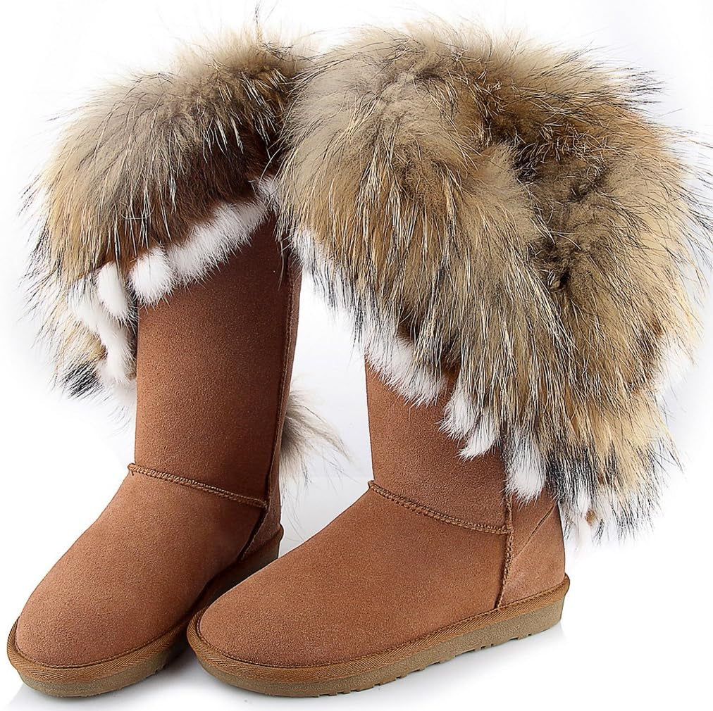 Womens Mid Calf Boots Cow Leather Fur Snow Boots