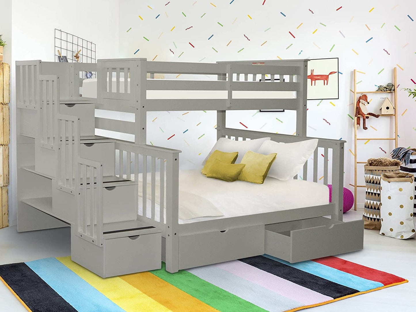 Stairway Bunk Beds Twin over Full with 4 Drawers in the Steps and 2 under Bed Drawers, Gray