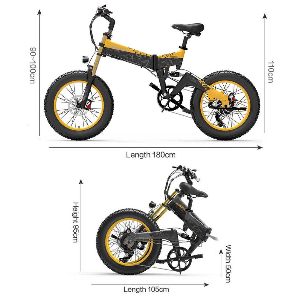 20 Inch 4.0 Fat Tire Snow Bike, Folding Mountain Bike, 1000W Motor, Pedal Assist Bicycle, Upgraded Front Fork,X3000Plus-Up