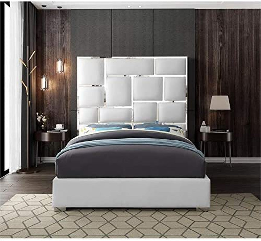 Milan Collection Modern | Contemporary Faux Leather Upholstered Bed with Custom Chrome Metal Legs and Geometric Designed Headboard, Queen, White