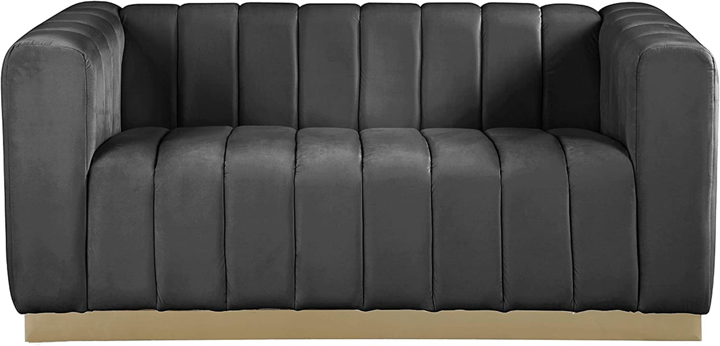 Marlon Collection Modern | Contemporary Velvet Upholstered Loveseat with Deep Channel Tufting, Stainless Steel Base in a Brushed Gold Finish, 62.5" W X 34" D X 28" H, Grey