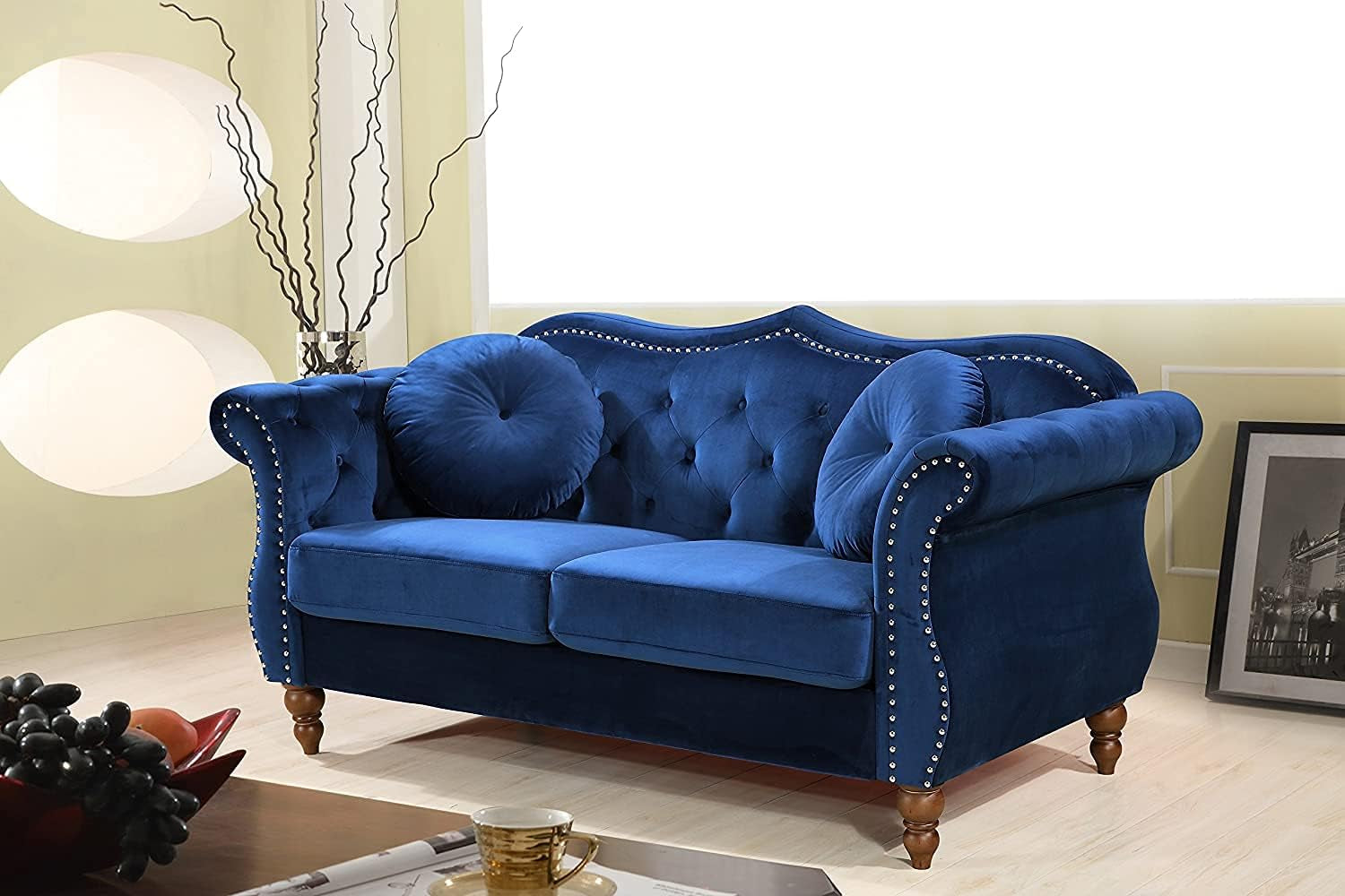 Anna1 Classic Nailhead Chesterfield Velvet Couch, Sofa & Loveseat, Blue