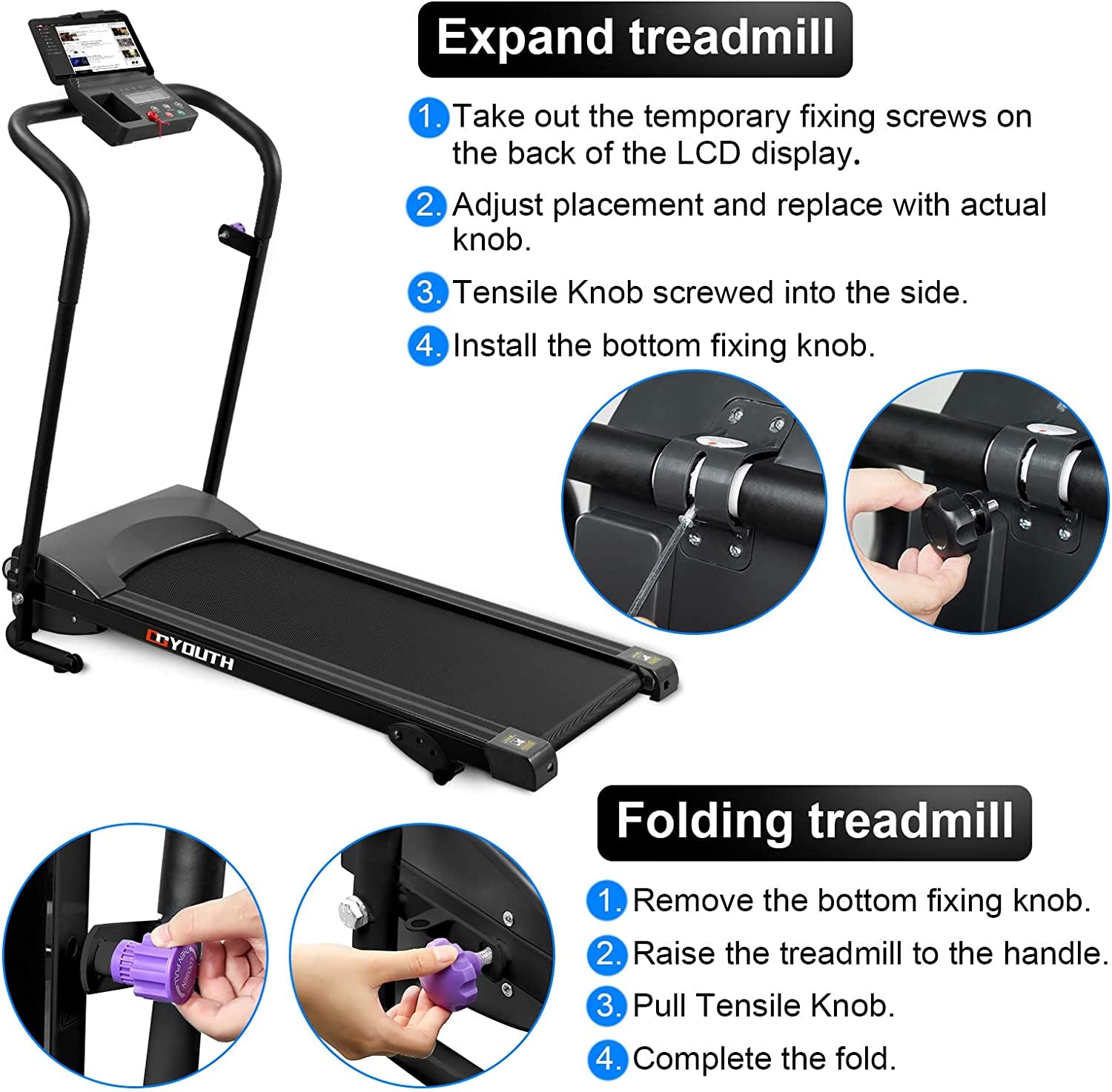 Folding Treadmill for Home, 2.25HP Workout Running Machine, Portable Compact Treadmills with 3 Levels Manual Incline, 12 Preset Programs Max Speed 7.5 MPH Fitness Gym Machine