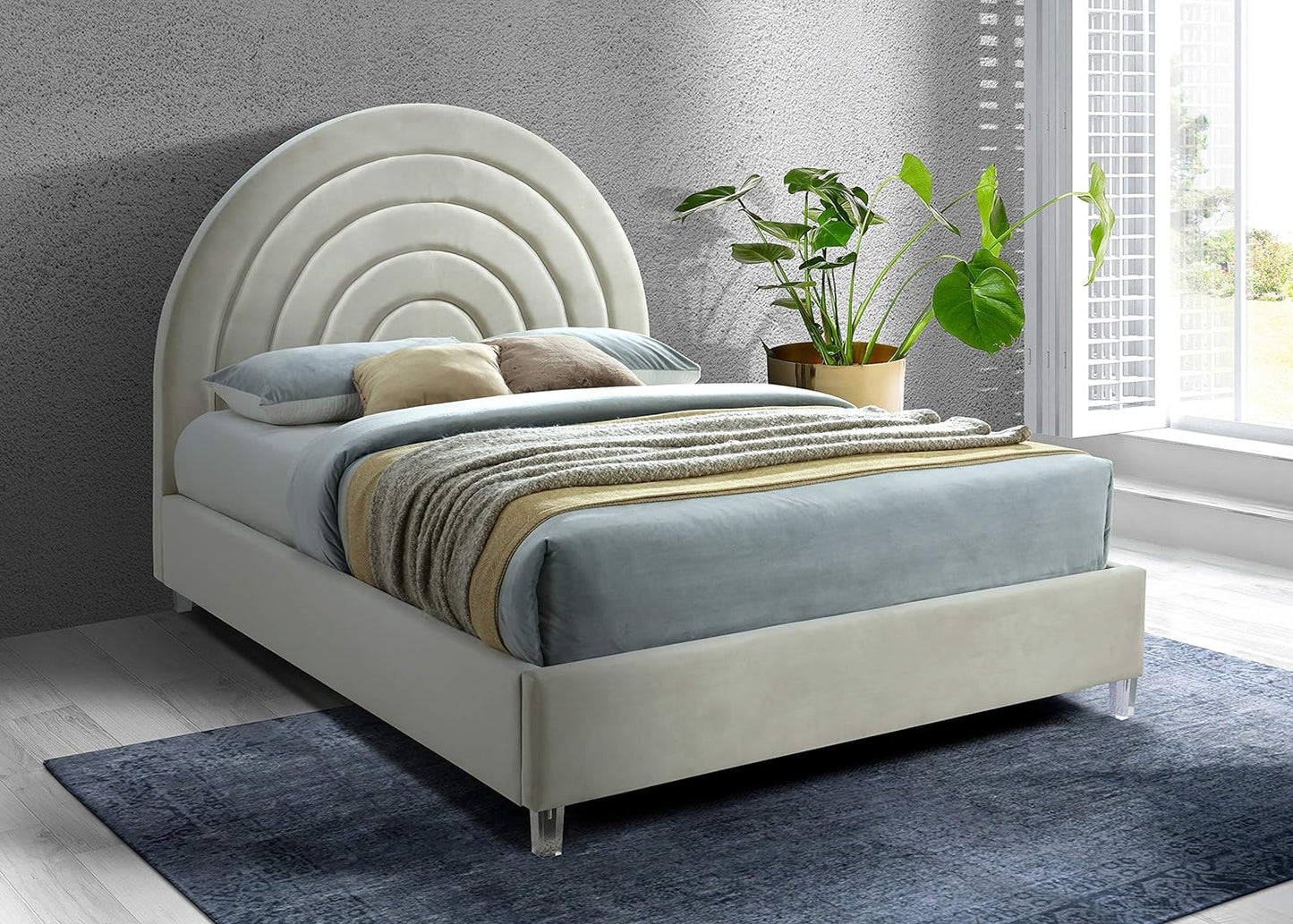 Rainbowcream-Q Rainbow Collection Modern | Contemporary Velvet Upholstered Bed with Deep Channel Tufting and Thick Acrylic Legs, Queen, Cream