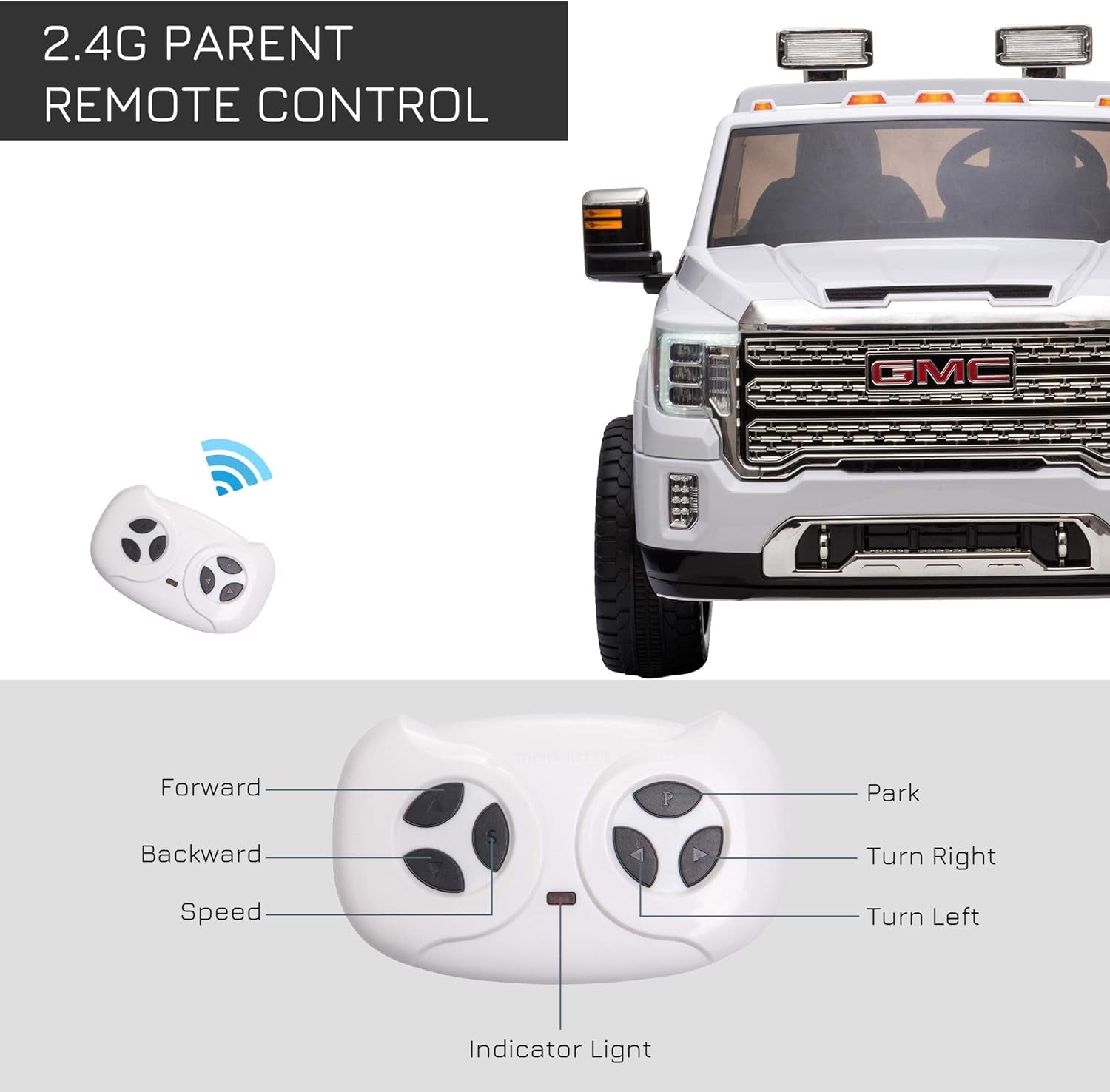 12V GMC Sierra HD Battery Kids Ride on Car with Remote Control, Bright Headlights, & Working Suspension, White