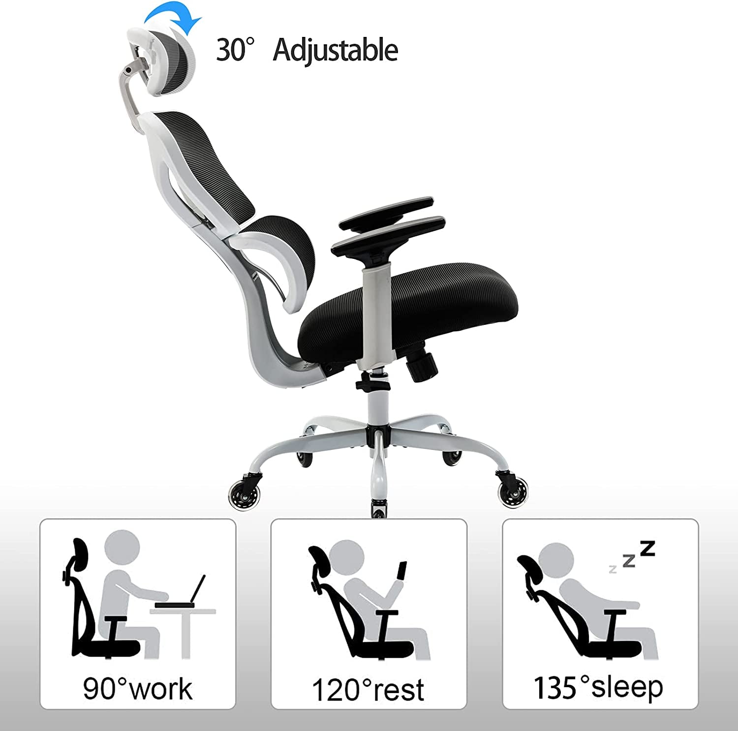 Ergonomic Office Chair, Home Desk Chair, Comfy Breathable Mesh Task Chair, High Back Thick Cushion Computer Chair with Headrest and 3D Armrests, Adjustable Height Gaming Chair