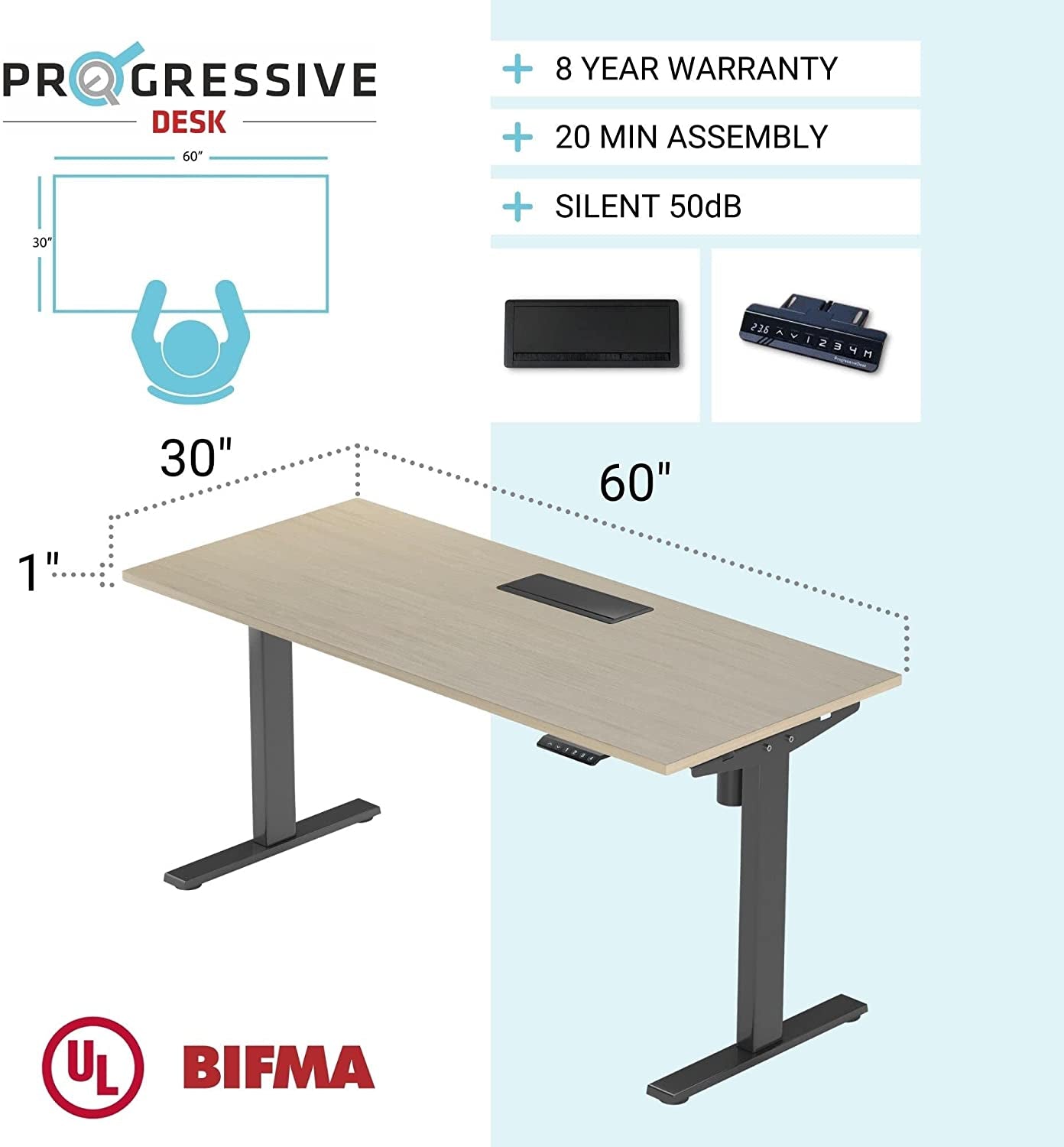 Progressive Desk Adjustable Height Desk 60 X 30 Inch. Electric Standing Desks for Home Office 60 Inch. Lift Ergonomic Desk - Bright Beech, Black Frame