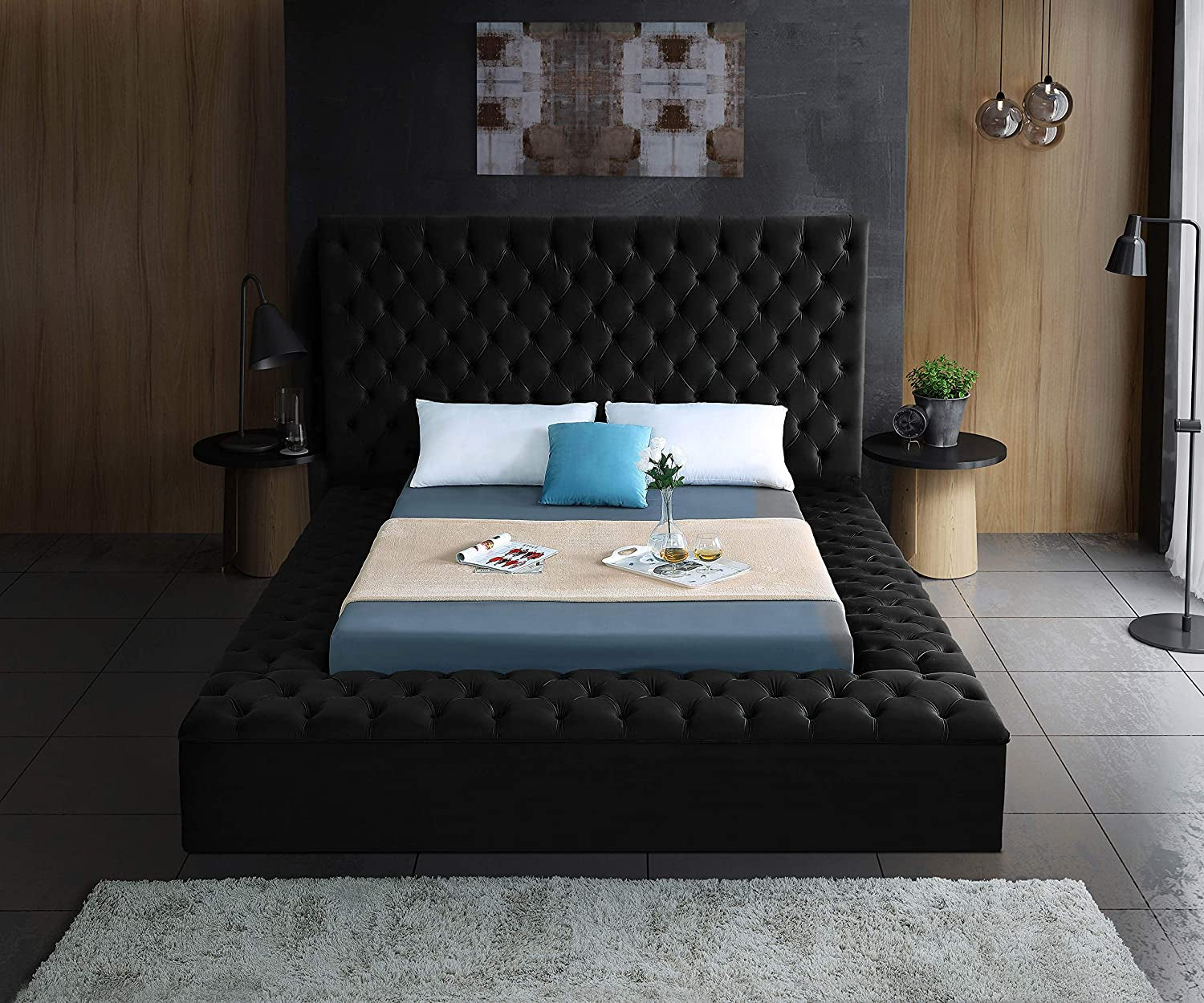 Bliss Collection Modern | Contemporary Velvet Upholstered Bed with Deep Button Tufting and Storage Compartments in Rails and Footboard, Black, King