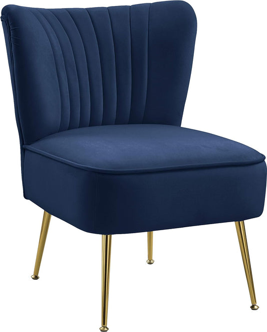 Tess Collection Modern | Contemporary Velvet Upholstered Accent Chair with Deep Channel Tufting and Custom Gold Steel Legs, 22.5" W X 26.5" D X 29.5" H, Navy