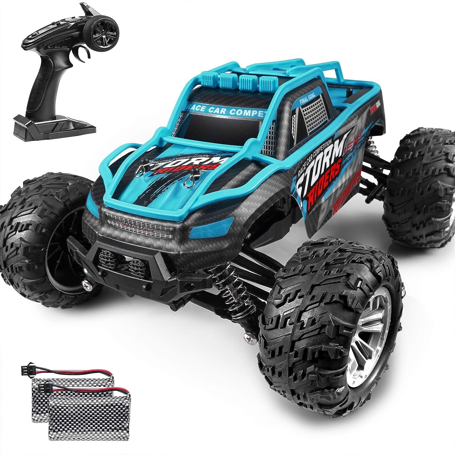 1:14 Large Scale High Speed Monster Truck Rock Crawler, Remote Control 4WD 36Km/H Off-Road RC Car Hobby Truck with 2 Rechargeable Batteries, All Terrain, Toys for Boys Kids and Adults Blue