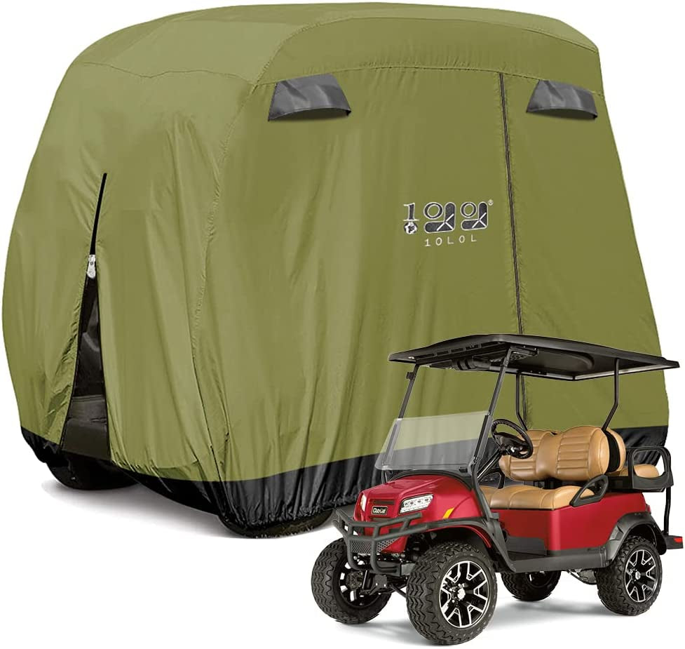 4 Passenger Golf Cart Cover Fits EZGO, Club Car, Yamaha, 400D Waterproof Windproof Sunproof Outdoor All-Weather Polyester Full Cover with Three Zipper Doors - Black/Army Green/Sliver/Camouflage