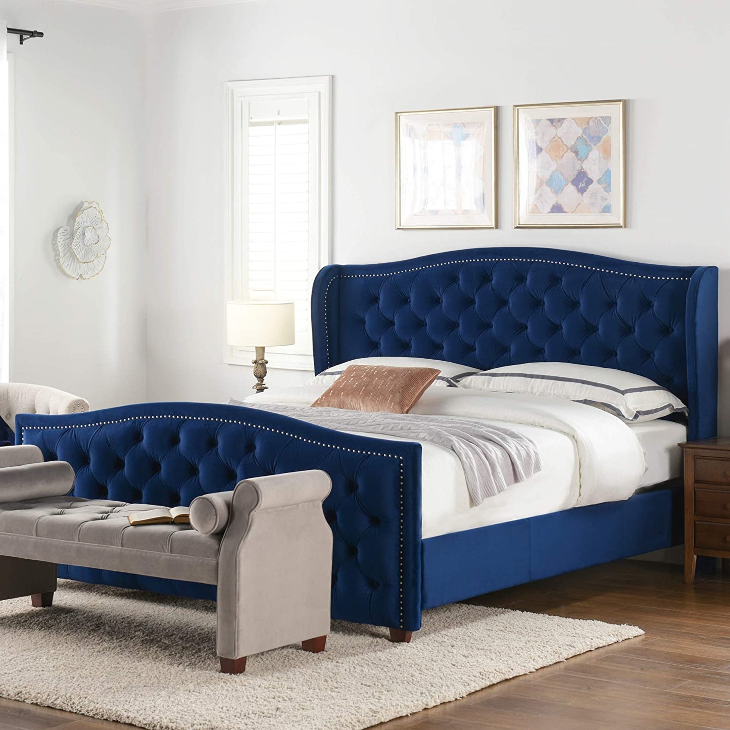 Anastasia Upholstered Shelter Headboard Bed Set, King, Navy Blue Velvet