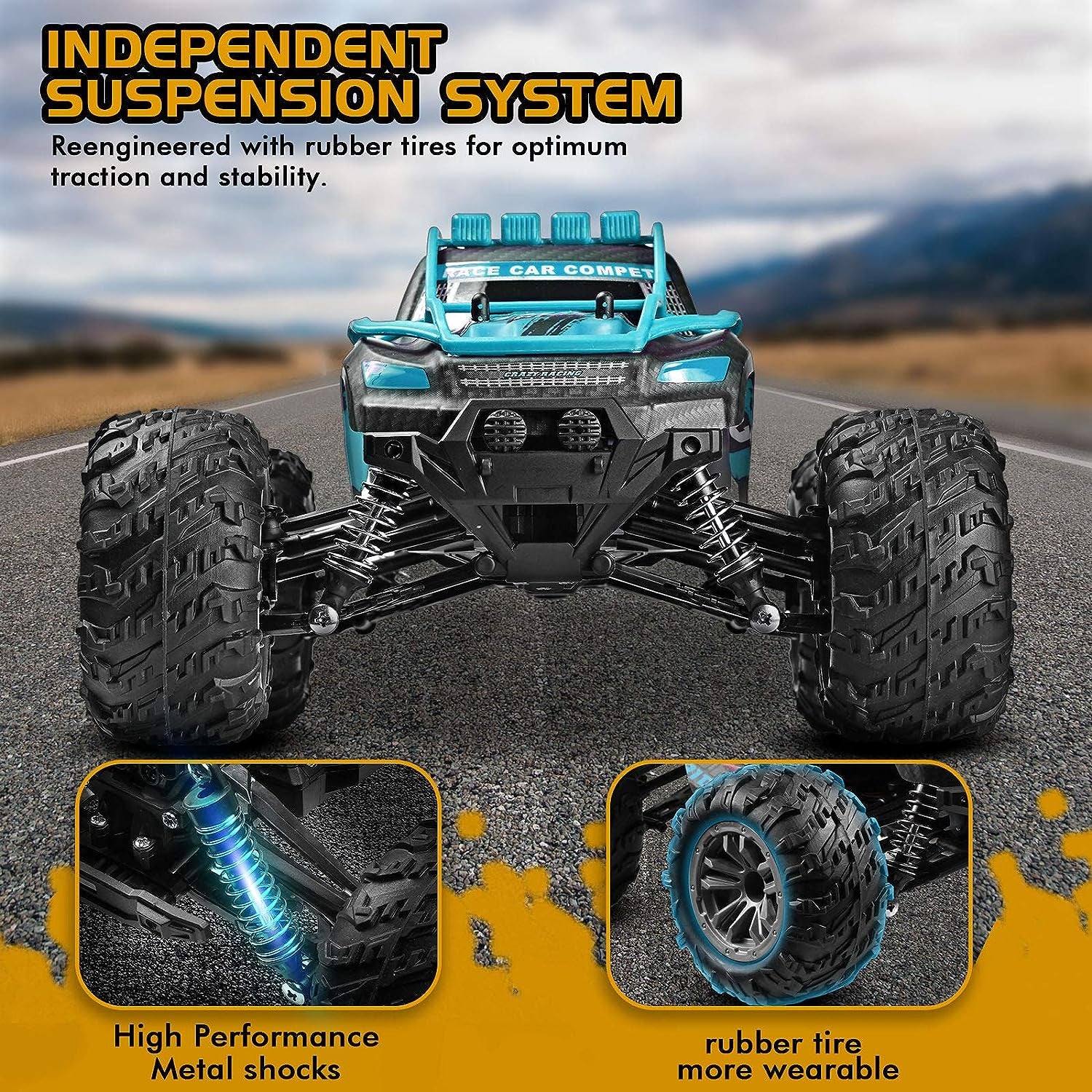 1:14 Large Scale High Speed Monster Truck Rock Crawler, Remote Control 4WD 36Km/H Off-Road RC Car Hobby Truck with 2 Rechargeable Batteries, All Terrain, Toys for Boys Kids and Adults Blue