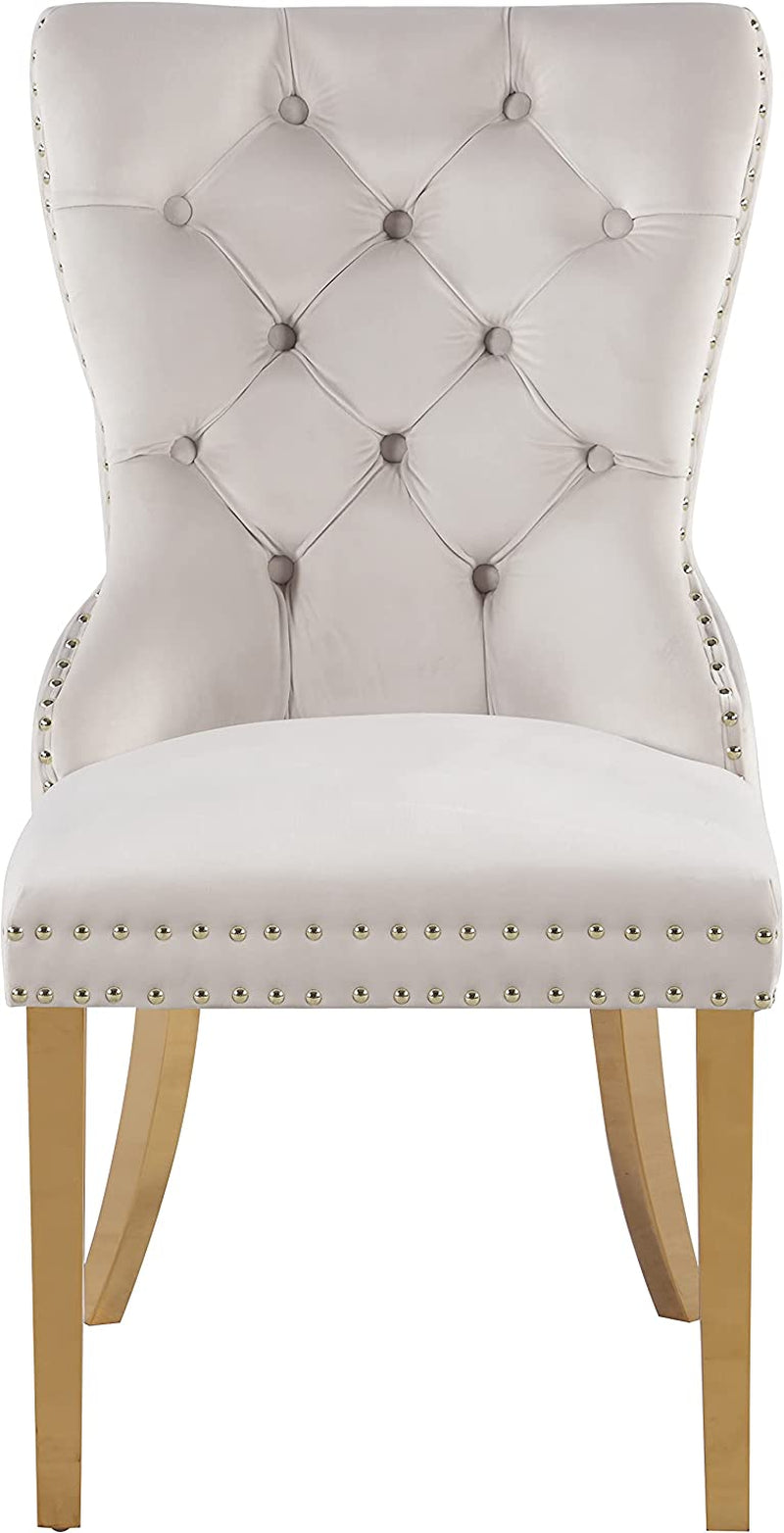 Carmen Collection Velvet Upholstered Dining Chair with Sturdy Gold Metal Legs, Set of 2, Cream