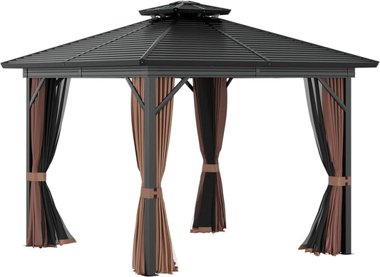 10' X 10' Hardtop Gazebo Canopy with Galvanized Steel Double Roof, Aluminum Frame, Permanent Pavilion Outdoor Gazebo with Netting and Curtains for Patio, Garden, Backyard, Brown