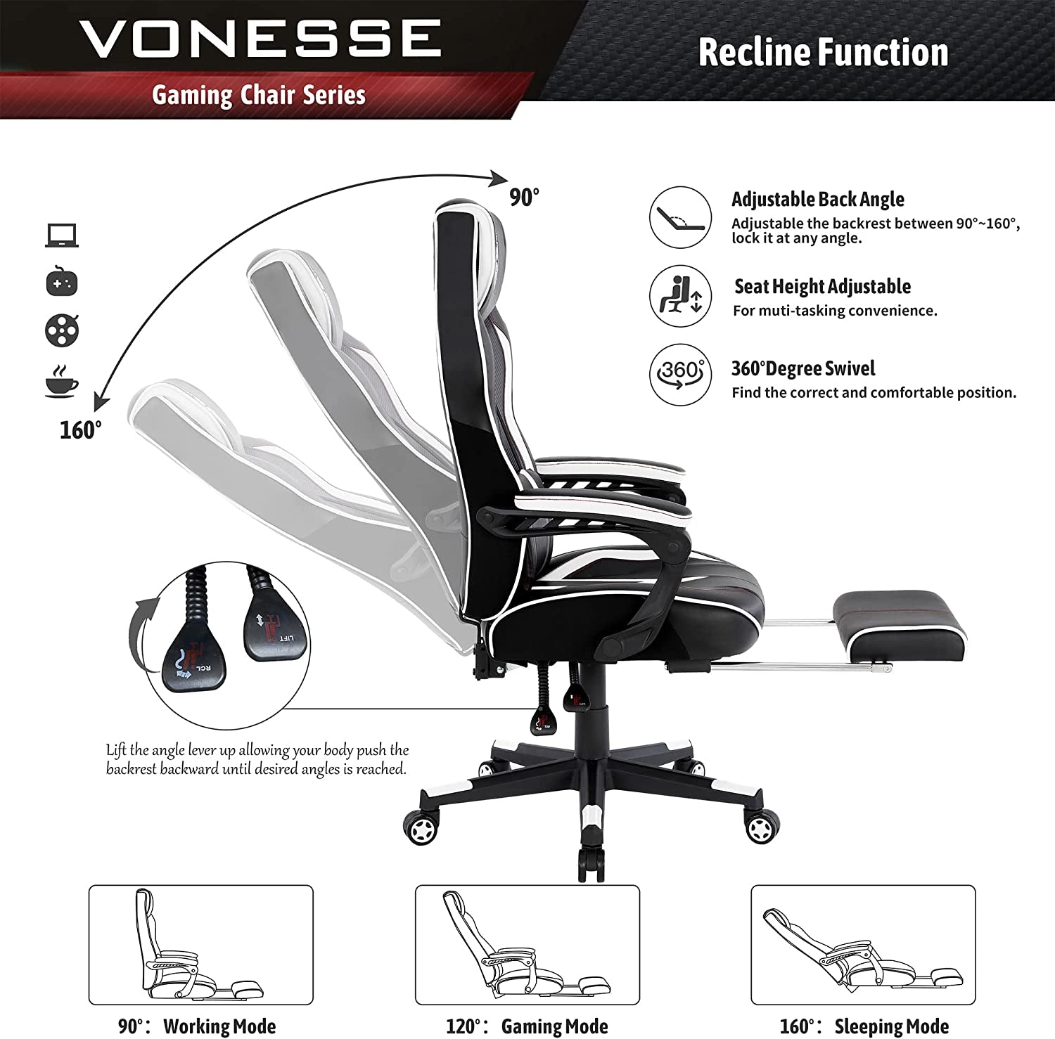 Gaming Chair Gaming Chair Gaming Chair with Massage PC Gaming Chair Reclining Gaming Chair Ergonomic Seat Easy Gaming Chair White