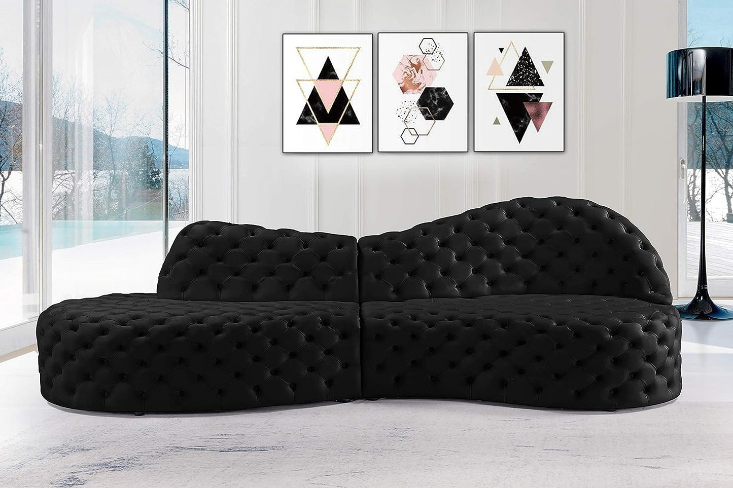 654Black-Sectional Royal Collection Modern | Contemporary Velvet Upholstered 2 Piece Sectional with Deep Button Tufting, 114" W X 41" D X 36.5" H, Black