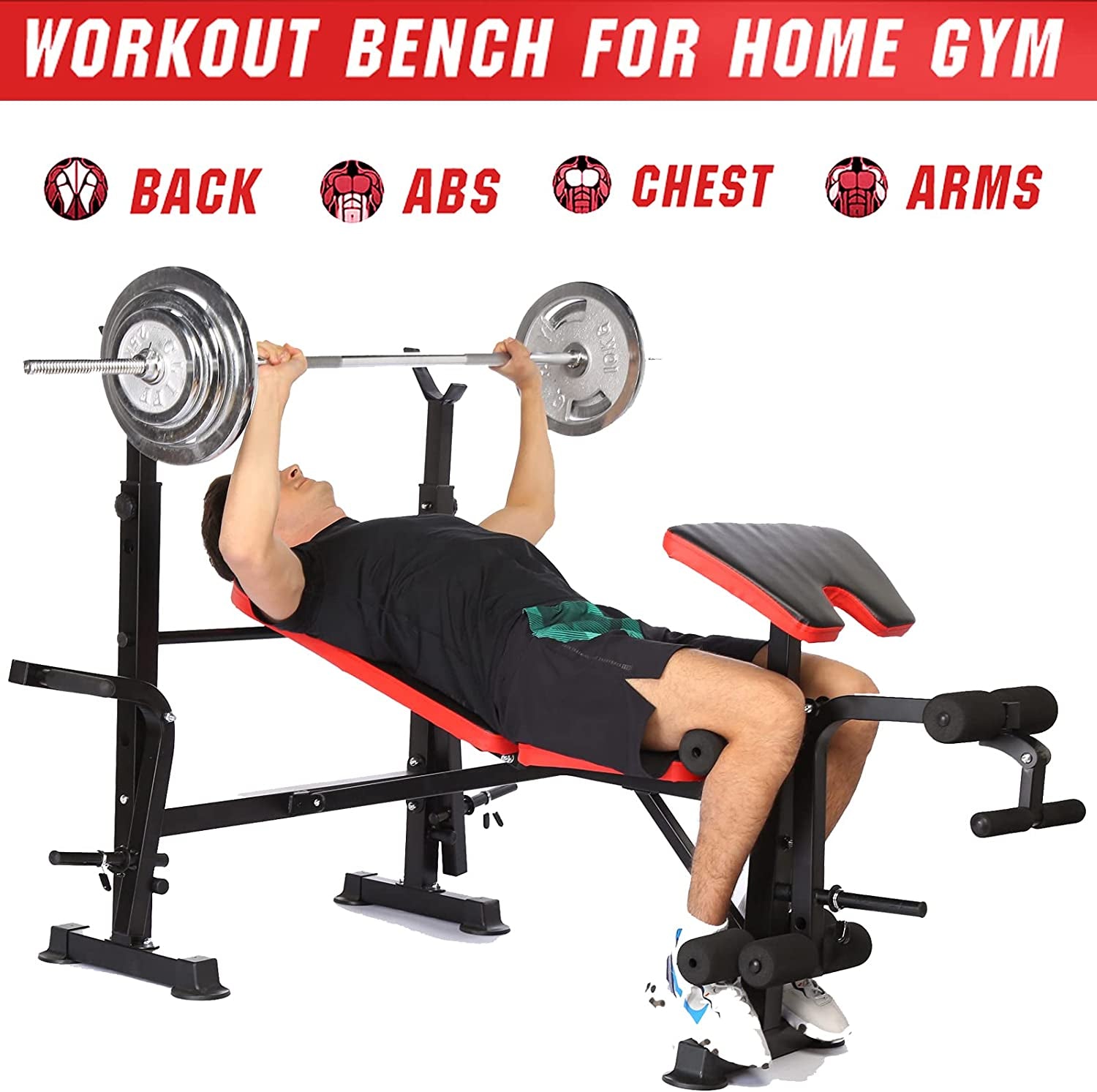 8 in 1 650Lbs Weight Bench Adjustable Workout Bench Set with Squat Rack Olympic Weight Bench Strength Training Leg Developer Preacher Curl and Barbell Rack Incline Seat for Home Gym OPX496